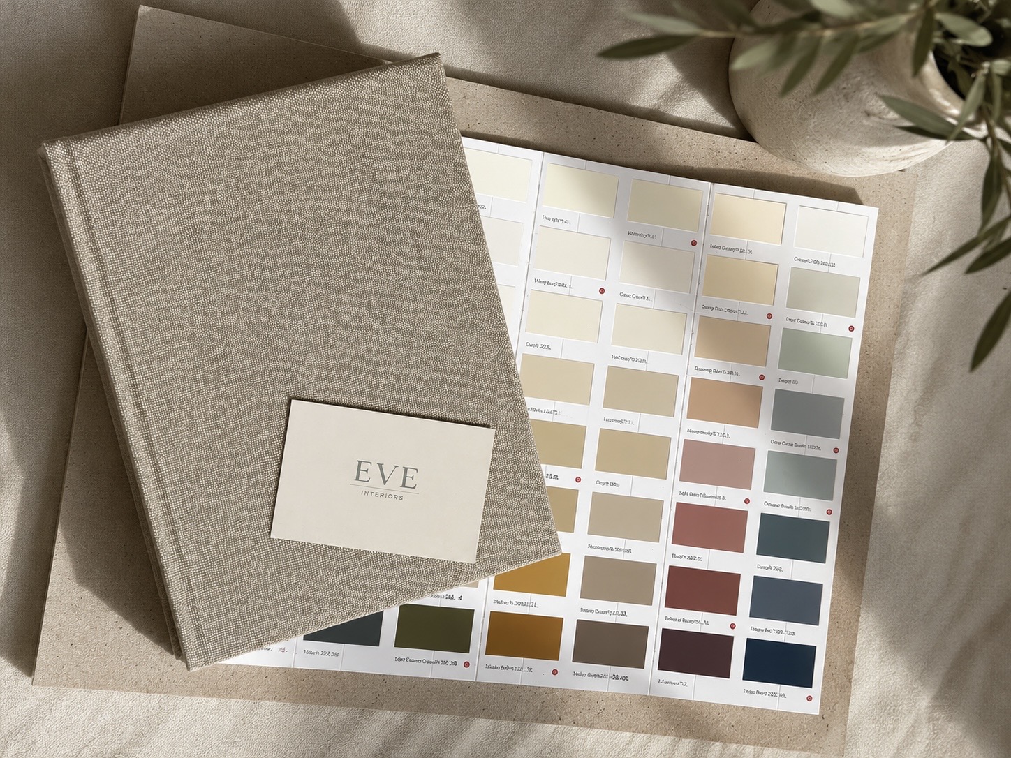 Paint colour swatches fanned out beside a linen-bound sample book
